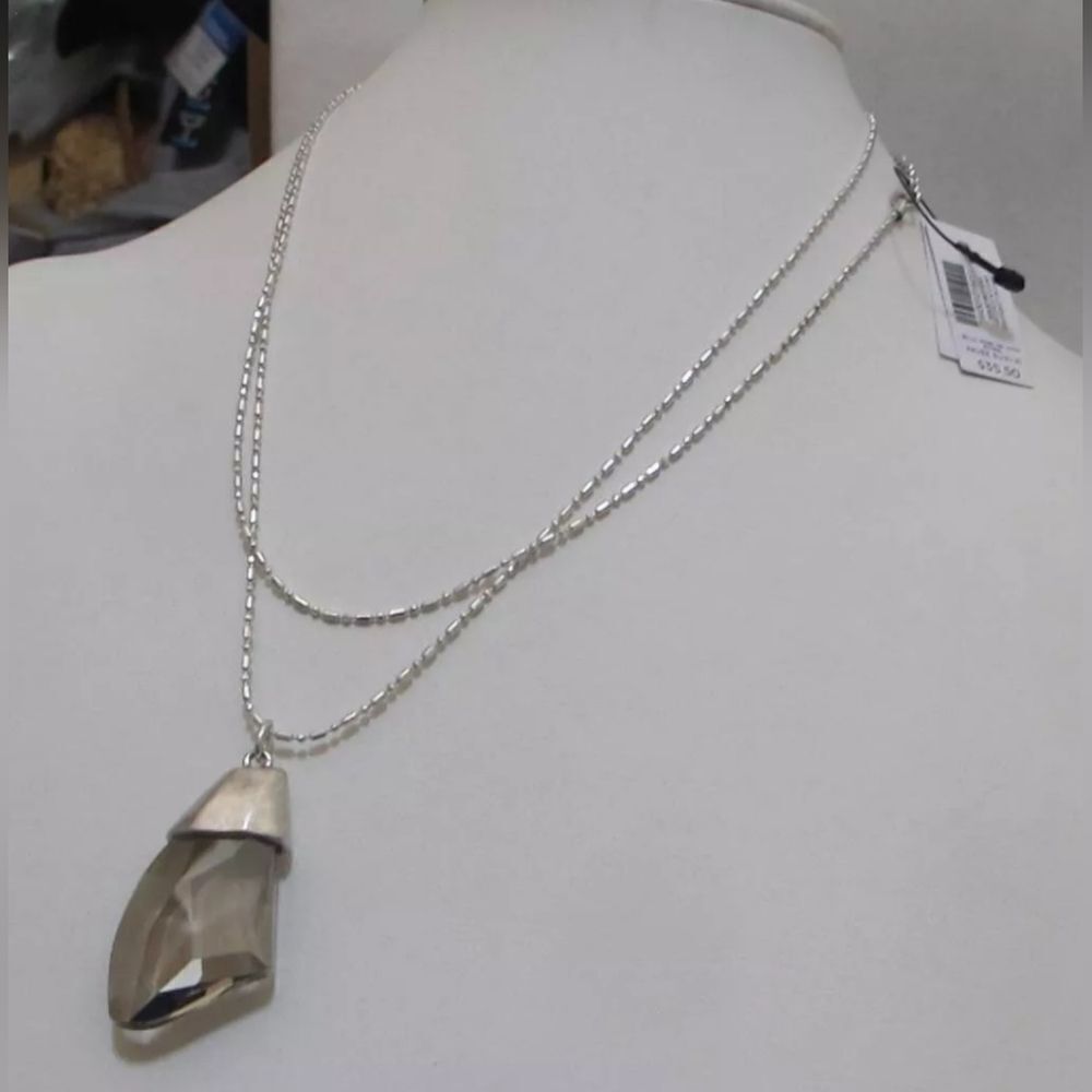 CHICO’S 36” Silver Tone Chain Smoky Grey CRYSTAL Pendant Necklace NWT - Picture 1 of 12